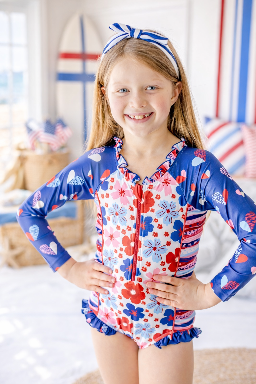 Rash Guard Swimsuit - Long Sleeve | Red, White, & Blueberry