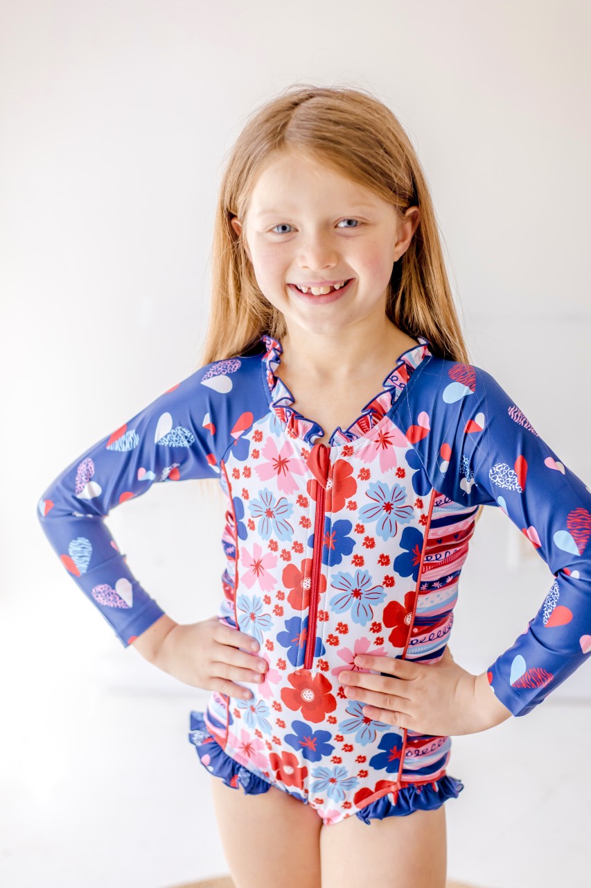 Rash Guard Swimsuit - Long Sleeve | Red, White, & Blueberry Adventures