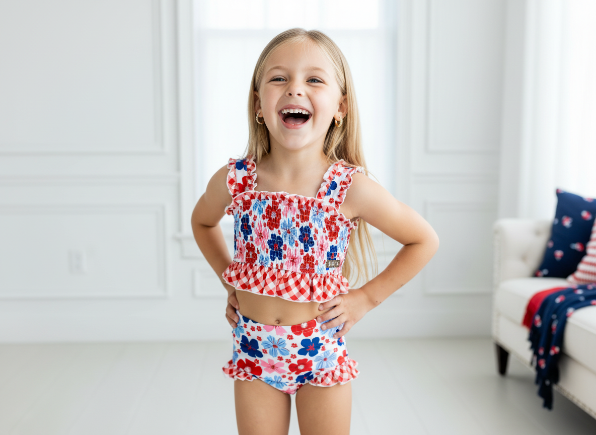 Smocked Swimsuit | Americana Blossom Parade