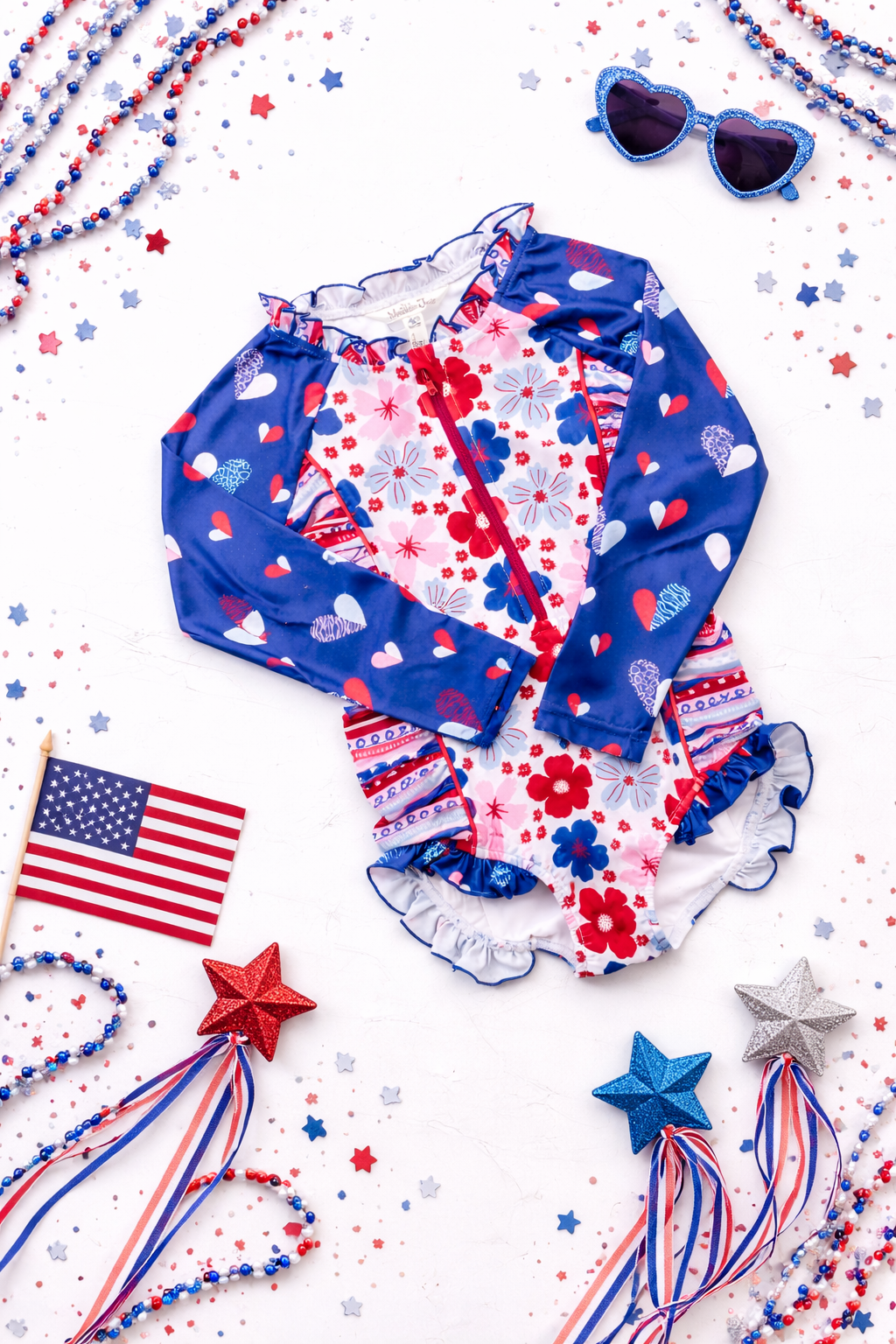 Rash Guard Swimsuit - Long Sleeve | Red, White, & Blueberry Adventures